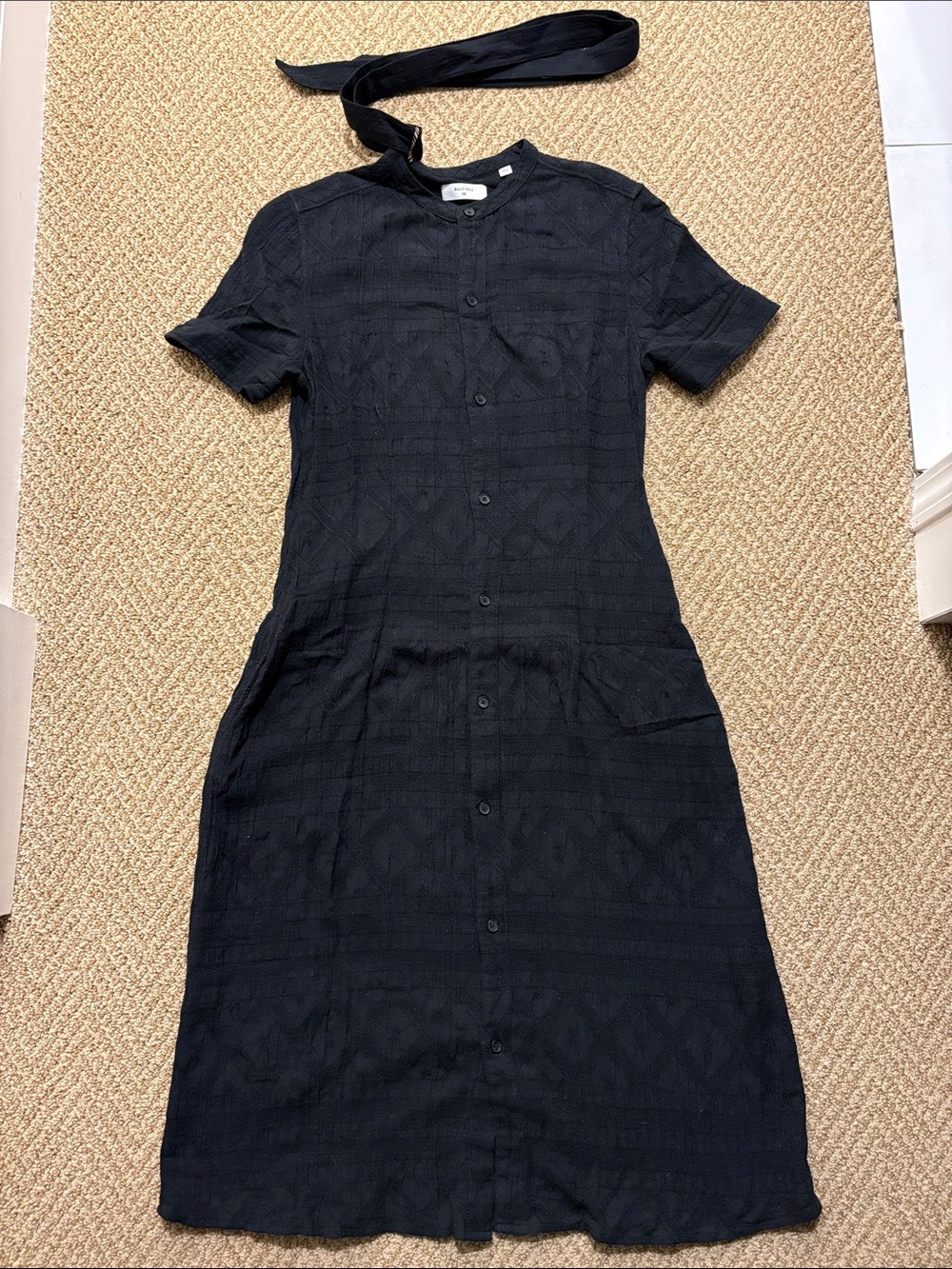 Billy Reid Black Linen Short-Sleeve Button-Front Midi Dress with Self Belt